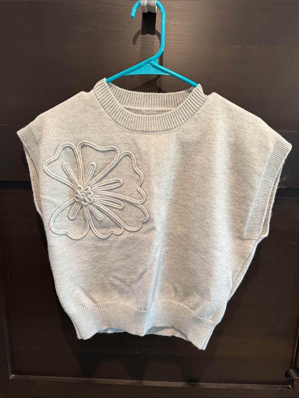 Amazon Light Gray Crewneck Sweater Vest with Floral Appliqué